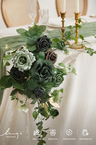 Ling's moment 2PCS Emerald & Gold Artificial Flower Garland Floral Swags Table Centerpieces Wedding Arch Flowers Decoration Green Rose Greenery Arrangements for Sweetheart/Head Table Decor - color: Grn-emerald