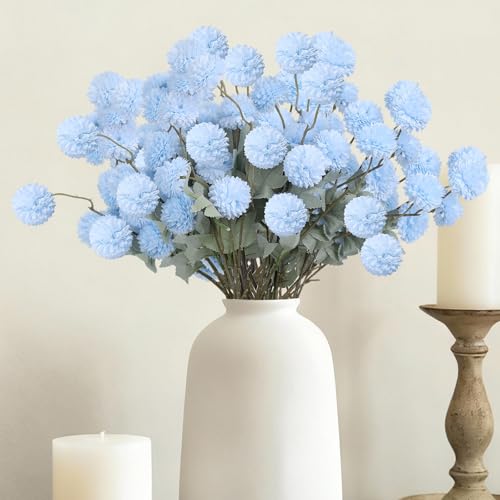 INQCMY Artificial Flowers 12 Pcs Fake Chrysanthemums Faux Kiku Flower Long Stem 20" Realistic Silk Pompon Mums for Vase Wedding Bouquets Centerpieces Home Decor (Blue) - color: Blue