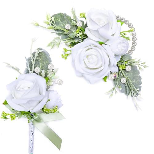 Rose Corsage and Boutonniere Set, 2PCS Handmade Artificial Flower Bride Wrist Corsage Wristlet Bracelets Wristband Men Boutonniere for Wedding Prom Suit Decorations (White) - color: White
