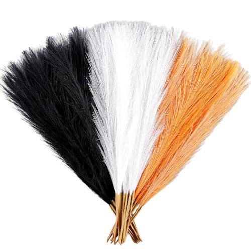 Pampas Grass Small, Black&White&Orange 30 Pcs 17" Faux Pampas Grass Short Decor, Pompas Grass Flower Arrangement and Vase Filler for Halloween Decoration - color: Black&white&orange, size: 17'' Tall