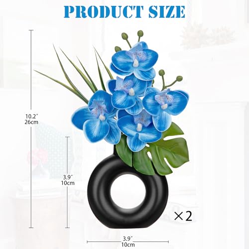 Briful 2PCS Blue Orchid Fake Flowers in Black Ceramic Pot Silk Orchid Floral Arrangement Faux Orchid Plant for Home Office Room Shelf Table Centerpiece Modern Decor - color: Blue