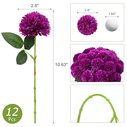 SITUMEIZI 12 Pcs Purple Flowers Artificial Chrysanthemums Ball Flower Fake Mums Silk for Wedding Home Kitchen Decoration Floral Arrangement - color: Purple, size: 12 Pieces