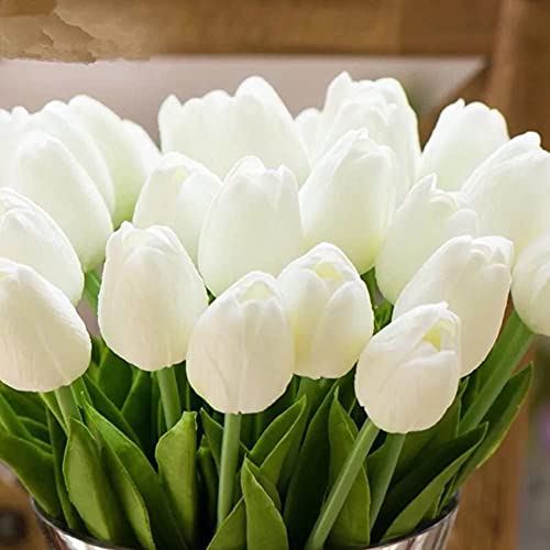 30 pcs Real-Touch Artificial Tulip Flowers Home Wedding Party Décor (Pure White) - color: Pure White