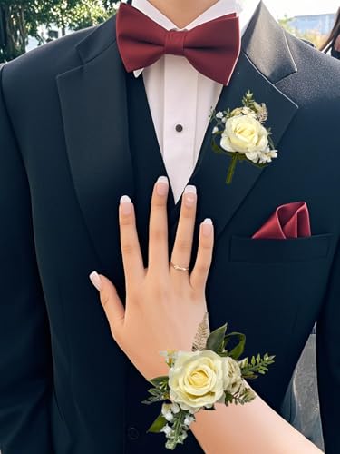 White Ivory Corsage and Boutonniere Set for Bride Groom, Artificial Rose Flowers Wrist Corsage Bracelets Homecoming Flower Prom Suit Accessories Boutonniere for Wedding Prom Party Decorations - color: White