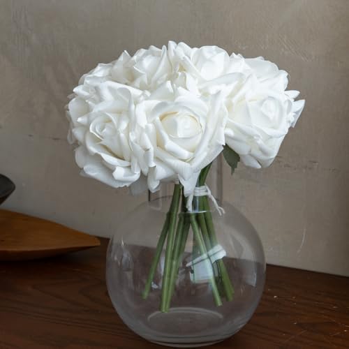 Artificial Roses-10-pcs Soft Touch Fake Flowers with Stems, Realistic Bridal Bouquet & Bulk Home Party Wedding Decor Roses - color: White 10pcs