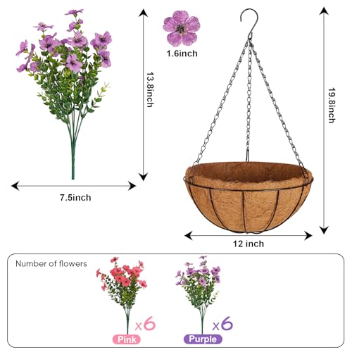 Artificial Outdoors Flowers with Hanging Basket, UV Resistant Fake Hanging Flowers for Spring Summer Decoration, Faux Silk Plants with Planters for Porch Home Patio Balcony Yard (Rose Red, Purple) - color: Purple&rosered, size: 1PCS