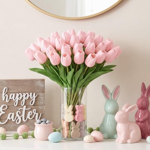 30 Pcs Pink Artificial Tulips with Clear Vase, Realistic Faux Tulip Bouquet in Vase, Fake Flowers Arrangement for Spring Floral Centerpiece for Home Office Table Decor