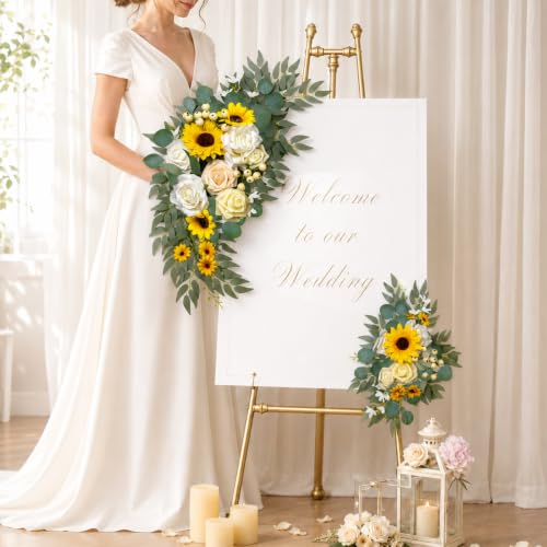 AitnWoy Artificial Wedding Arch Flowers Kit 2 PCS Dust Rose Flowers Silk Peony Floral Swag Welcome Sign for Wedding Ceremony Party Home Garland Decor - color: Sunflower Yellow, size: 28" + 11"