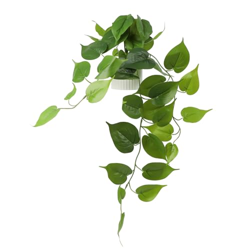 Fake Pothos Hanging Plant – Artificial Plastic Ivy Vines with White Pot, Realistic Faux Greenery for Indoor Home Office Bathroom Shelf Cabinet Decoration - color: Green With White Pot