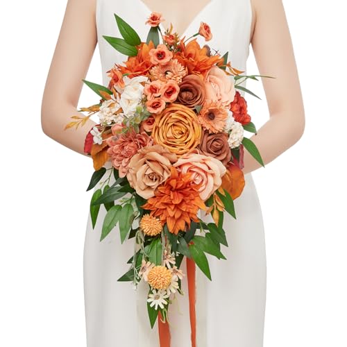 Serwalin 9.8 Inch Burnt Orange Wedding Bouquets for Bride and Bridesmaid, Orange Rose Bridal and Fall Bouquets - color: Burnt Orange