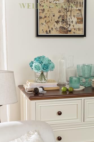 WELL KNOWN Rose Artificial Flowers in Vase with Faux Water, Silk Rose Table Centerpieces for Home Coffee Table Decor, Fake Roses Flower Arrangements for Office Hotel Lavatory Decor (Light Teal Blue) - color: Light Teal Blue