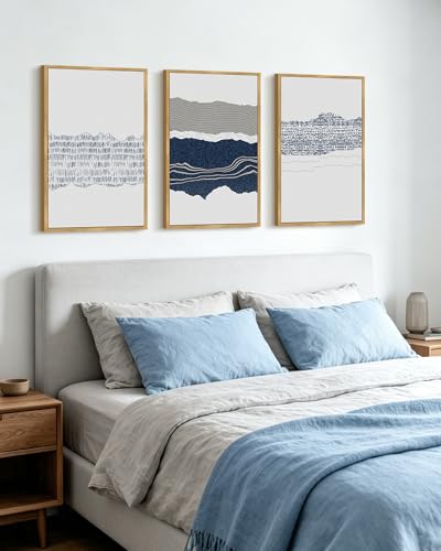 PHOPAGO Navy Blue Abstract Framed Wall Art Large 16x24in Mid Century Minimalist Boho Wall Decor Modern Neutral Farmhouse Rustic Art Bedroom Living Decor - Natural Framed - color: Blue Abstract, size: 24L" x 16W" x 3 Pcs Natural