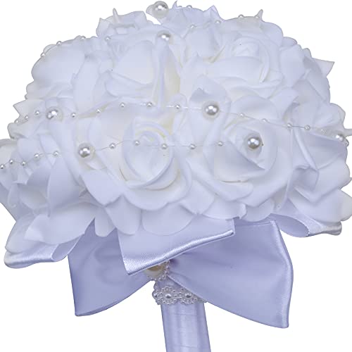 Wedding Bouquets for Brides or Bridesmaids Pearl Embellishment Roses Bridal Bridesmaid Wedding Hand Bouquet Artificial Fake Flowers.(White) - color: White1