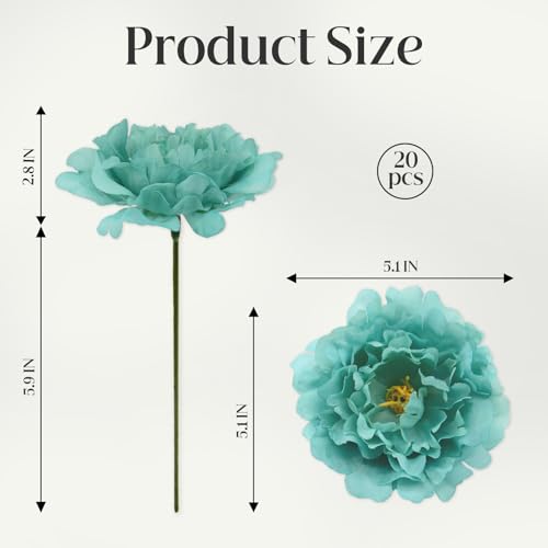 20 Pcs Artificial Flower Peonies, 5" Silk Fake Peonies with 6" Stems No Leaf, Faux Peonies Flowers for Decoration Wedding Home Party Centerpiece Decor Floral Art (Emerald Green) - color: Emerald Green