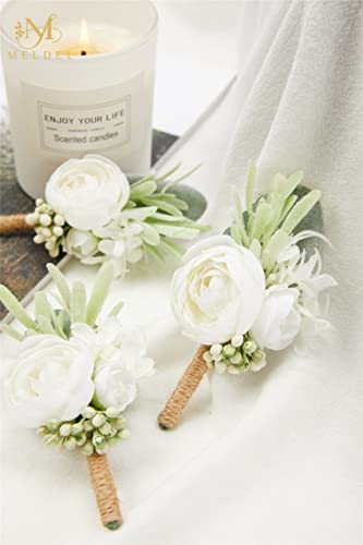 6Pcs Faux Silk Boutonnieres for Men, Ivory and Greenery for Wedding | Artificial Boutonniere for Wedding Anniversary Homecoming Prom Formal Party Engagement Graduation for Groom and Groomsmen - color: White3# Boutonniere(6 Piece)