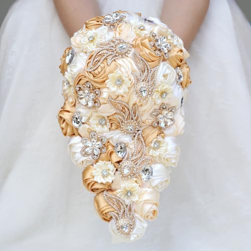 Handmade Satin Rose Water Drop Bridal Bouquet,8.7inch Crystal Wedding Round Tossing Bouquet,Jewelry Proposal Bridesmaid Bouquet Groom Corsage Bride Wrist Flower Ivory (Khaki&Ivory) - color: Khaki&ivory