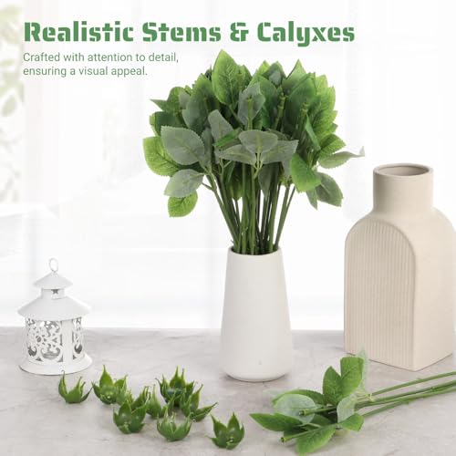 100 Pcs Rose Stems with Leaves & 100 Pcs Flower Calyxes Set, Fake Flower Stems Artificial Flower Sepals, Floral Arrangement Supplies, DIY Artificial Flowers Tools for Bouquet Wedding Party - color: 100pcs