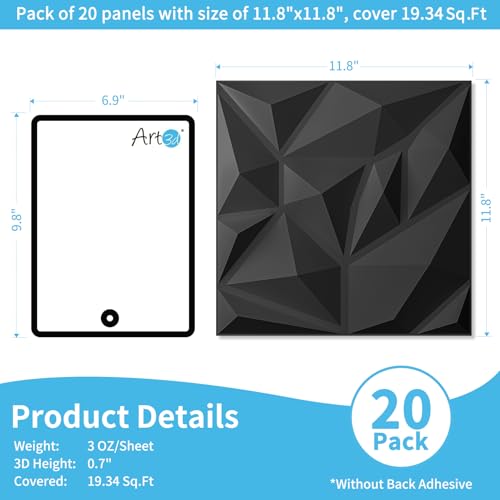 Art3d 20 Pack Decorative 3D Wall Panels for Interior Wall Decor Living Room, 11.8"x11.8" Black Wall Art PVC Panels for Bedroom TV Background Gaming Room Decor - color: Frost Black, size: 11.8"x11.8"