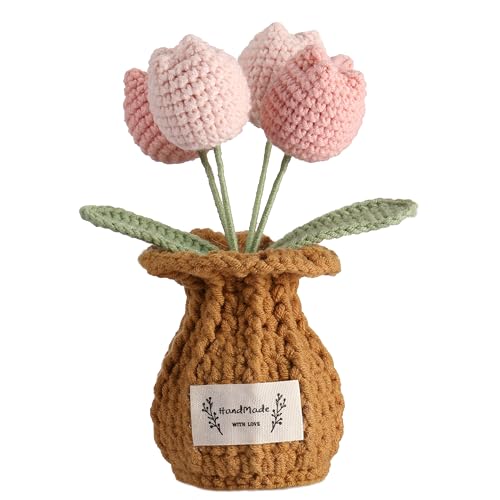Tulip Crochet Flower Potted Plant Handmade Desk Decor Gift - color: D-tulip-pink
