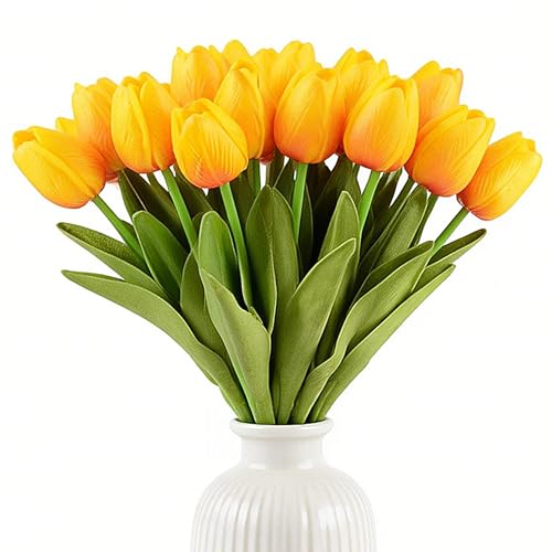 Artificial Tulips Bridal Wedding Festival Decor Bouquet Real Touch PU Flower Bouquet Pack of 20 (Yellow-Red) - color: Yellow-red