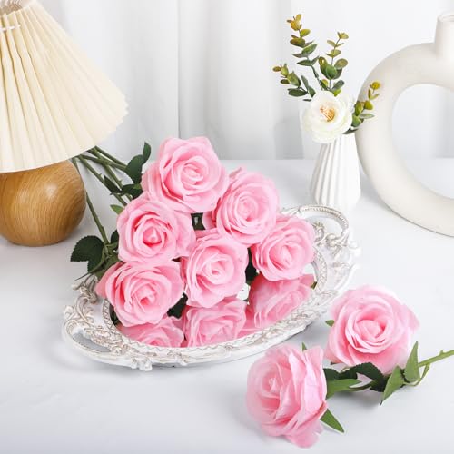 Ouddy Decor 20 Pcs Pink Roses Artificial Silk Flowers Fake Roses Bouquet with Long Stems for Mother's Day Decor Wedding Home Party Table Centerpieces Bridal Bouquet DIY Floral Arrangment, Pink - color: Pink, size: 20 Packs
