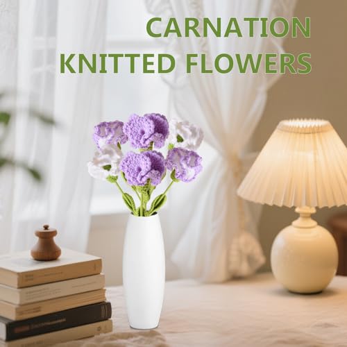 6Pcs Handmade Carnation Crochet Flower Bouquet, Completed Carnations Artificial Flower, Carnation Flower Wedding Bouquet (Purple) - color: Purple