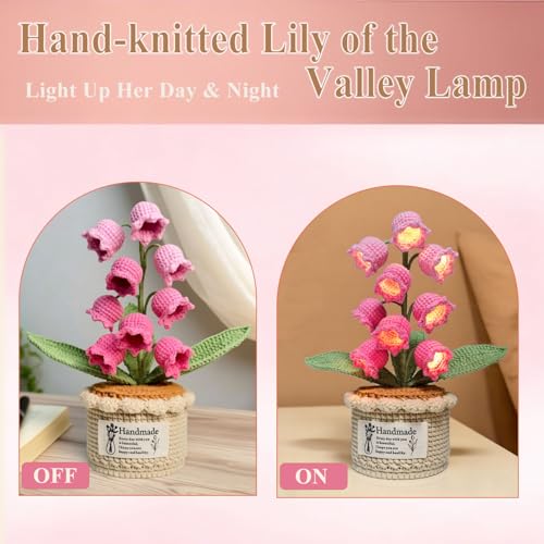 Handmade Crochet Lily of The Valley Lamp - 9 LED Night Light for Desk or Bedside, Artificial Flowers Decor, for Women Mom Valentine Birthday