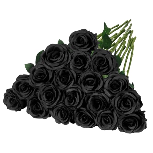 Ouddy Decor 20 Pcs Fake Black Roses Artificial Silk Flowers with Long Stems for Mother's Day Wedding Home Party Table Centerpieces Bridal Bouquet DIY Floral Arrangment, Black - color: Black, size: 20 Packs