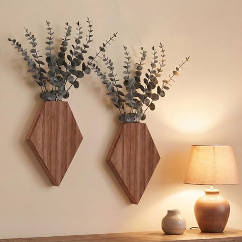 Chunful 2 Pcs Wooden Wall Planter Decor Hanging Fake Plants Greenery Flowers Holder Vase Boxes for Wall Bohemian Farmhouse Room Kitchen Office Indoor Decoration(Walnut Color,7.1 x 4.7 x 1.2 Inches) - color: Walnut Color, size: 7.1 x 4.7 x 1.2 inches