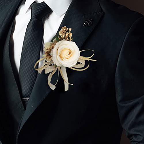 Boutonniere for Wedding Groom 2pcs Beige Satin Rose Groomsmen Best Man Father Suit Lapel Flower Button Hole Artificial Flower With Gold Ornament for Prom Homecoming, Tea Party, Formal Dinner - color: Beige Boutonniere