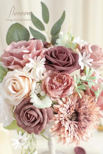 Floroom Dusty Rose Mauve Artificial Flowers Fake Roses Peony and Greenery Combo Box Set for DIY Wedding Bouquets Bridal Shower Centerpieces Floral Arrangements Party Tables Home Decorations - color: Vintage Dusty Rose