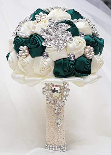 Sharebeauty 7.9 Inch Handmade Satin Rose Bridal Bouquet Toss Round Wedding Bouquet Throw Toss Artificial Flower Bunch Deep Green + Ivory - color: W3217d25 Deep Green/Ivory