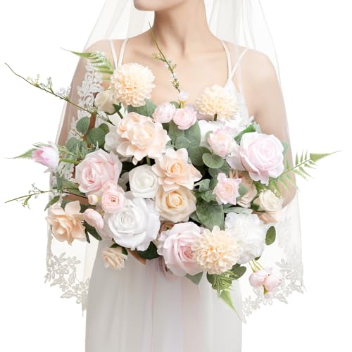 Ling's moment Blush Pink Bridal Bouquet Cascading, Coral Wedding Bouquets for Bride, 15 Inch Free Form Artificial Wedding Flower Bouquet - color: Pk-blush & Cream, size: Medium 15 Inch