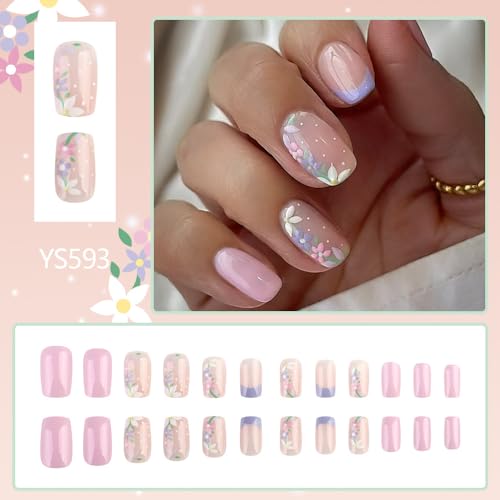 Flower Press on Nails Short Square Fake Nails Nude False Nails with Embossed Flowers Designs Glossy Full Cover Dots Stick on Nails Glue on Nails Spring Acrylic Nails for Women Girls 24 Pcs - color: Flower Square24