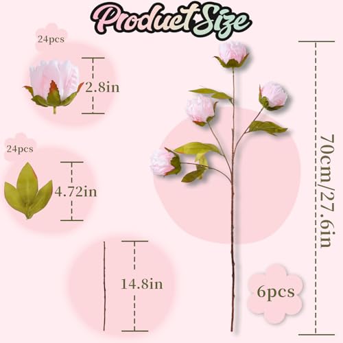 ucky 6 Pcs Pink Artificial Peonies Silk Flowers, 27.6" Long Stem Fake Peonies with Wood-Textured Bendable Branch, Life-Like Texture Large Peony Blooms for Tall Floor Vase, Wedding, Home Office Decor - color: Cjy Pink