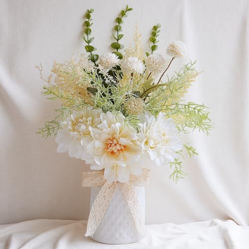 LUEUR Artificial Flowers in White Ceramic Vase Centerpieces – Spring Silk Flower Arrangement for Coffee Table Decor, Faux Flower Bouquet for Home Indoor Decoration, Bathroom, Dining Room, Kitchen - color: White