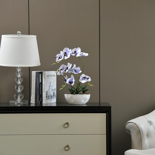 19" H Phalaenopsis Faux Orchid Plant Silk Orchid Centerpiece Artificial Floral Arrangement in Ceramic Pot (White and Purple) - color: White and Purple