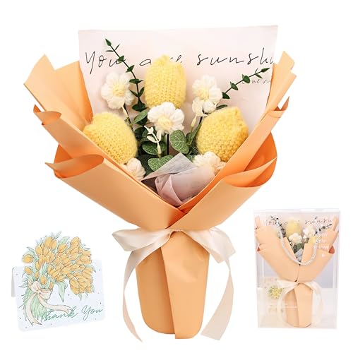 Crochet Flowers Bouquet for Her Handmade Crochet Tulips Artificial Eucalyptus Includes Handheld Gift Box and Card for Home Decor Anniversary Birthdays Mother's Day Graduation Gifts (Yellow) - color: Yellow