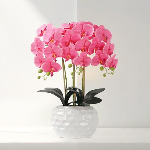 Orchid Artificial Flowers with White Vase Large Silk Faux Phalaenopsis Flowers for Dining Room Table Floral Centerpieces Indoor Decoration,Fuchsia - color: 1332-fuchsia