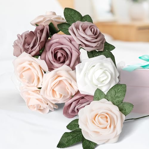 25pcs Artificial Flower Foam Rose Real Touch Roses Flower Heads with Stem for DIY Wedding Bouquets Centerpieces Arrangements Party Baby Shower Home Decor (Shades of Dusty Rose) - color: Shades of Dusty Rose