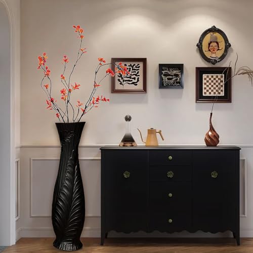 Tall Black Floor Vase 30 inches, Handmade Large Ceramic Vases for Home Decor Living Room, Feather Pattern Decorative Vases Wide Mouth Opening Corner Vase for Pampas Grass - color: Black Feather Pattern
