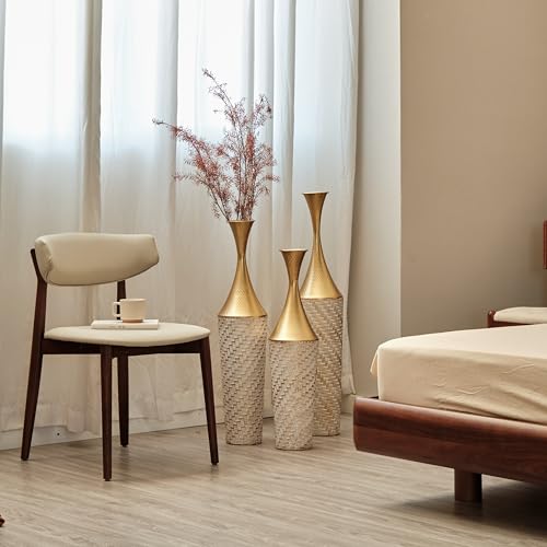 White Golden Floor Vase - Set of 3 Modern Extra Big Tall Vases (35.4/31.5/27.5in) with Minimalist Ribbed Design, Perfect for Pampas Grass, Living Room, Dining Room, Hallway & Office Decor - color: Floor Vases Champagne
