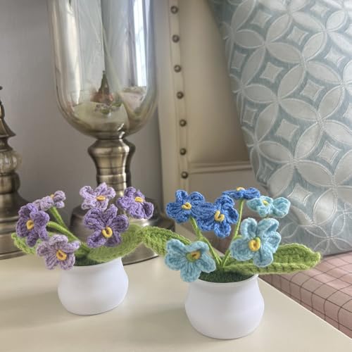 Artificial Crochet Flowers, Handmade Knit Floral Arrangements for Home Decor, Wedding Bouquet Centerpiece Gift for Mother’s Day, Birthday, Anniversary, Kitchen, Office Desk (Blue-A) - color: Blue-a