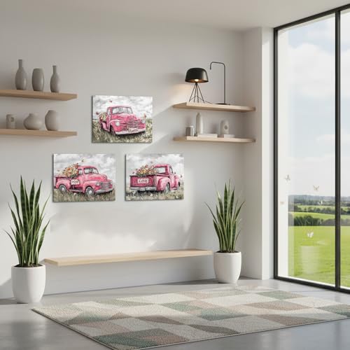 sechars Truck Wall Art Canvas Vintage Farmhouse Decor Faith Hope Love Floral Painting Prints (Pink) - color: Pink