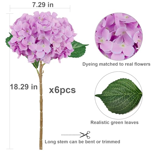 6PCS Purple Hydrangea Artificial Flowers, Bulk Silk Fake Flower with Stems, Faux Hydrangeas Bouquets for Home Décor, Wedding, Party, and Office Table Centerpieces. - color: Purple