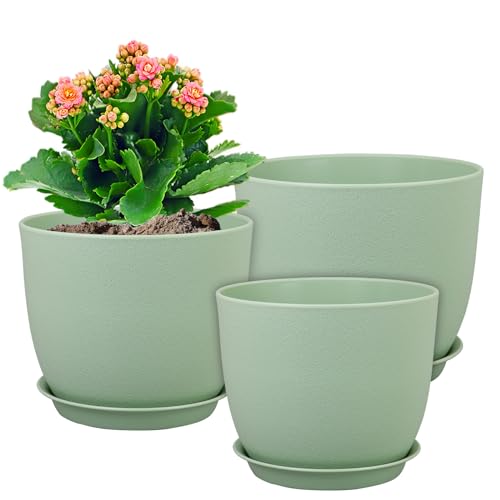 WSMKSZ Large Plant Pots 12/10/9 inch, Set of 3 Modern Decorative Plastic Planters with Drainage Holes and Saucers, Flower Pots for Indoor Outdoor Plants, Green - color: Green, size: 12"+10"+9"