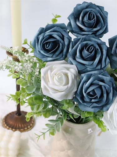 Artificial Flowers 25 Pack Blue Faux Foam Roses with Stems, Real Looking Fake Rose for DIY Wedding Bouquets, Bridal Shower Centerpieces, Party Table Decorations, Home Decor - color: Navy Blue, size: 25Pcs