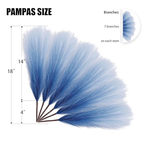 6 PCS Faux Pampas Grass Arrangement - 18"/45cm Artificial Fluffy Pompous Grass Stems for Boho Chic Home and Wedding Decor (Blue Gradient) - color: B4- Blue Gradient