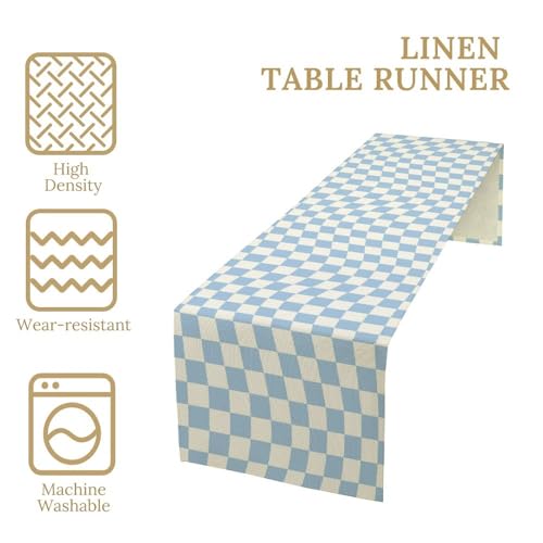 Groovy Hippie Table Runner Vintage Geometric Trendy Wavy Blue Checkered Dinner Runner for Country Farmhouse Kitchen Party Holiday 36X13inch - color: Checkered-3, size: L36"x W13"