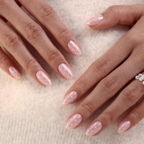 32Pcs Soft Gel Press on Nails for Women, Pink Polka, Short Almond | Cute Coquette Polka False Fake Nails Press Ons for Girly Valentine Date, Salon Quality Reusable Glue & Stick on Nail Gift Kit - color: 3F-Pink Polka